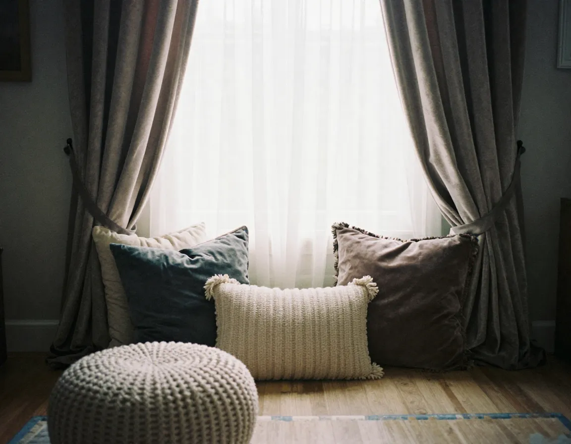 Sala de estar acogedora con cortinas elegantes y textiles decorativos